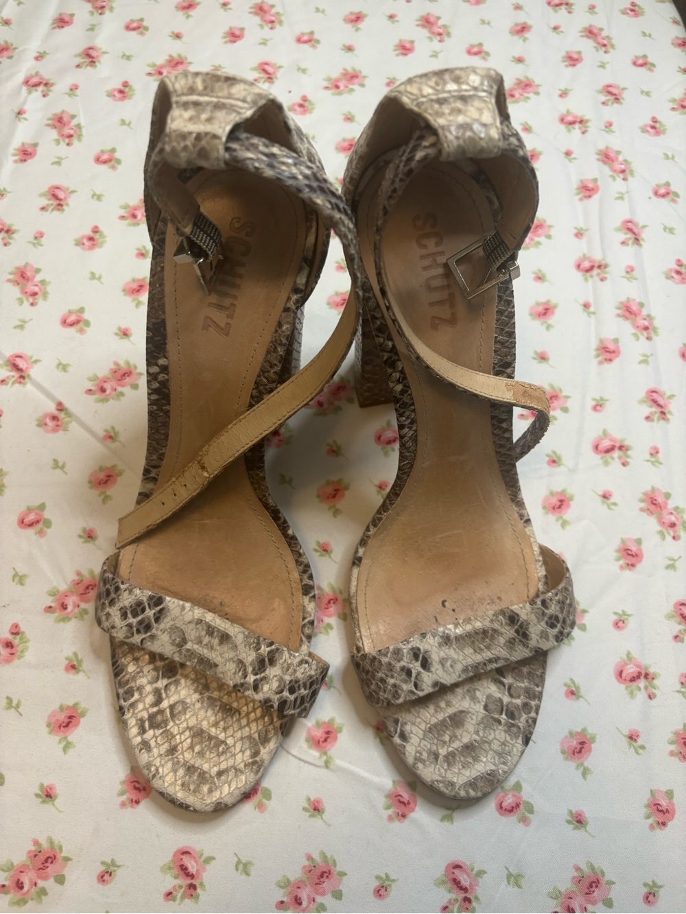 SCHUTZ Neutral Snake-Print Block Heel Sandals